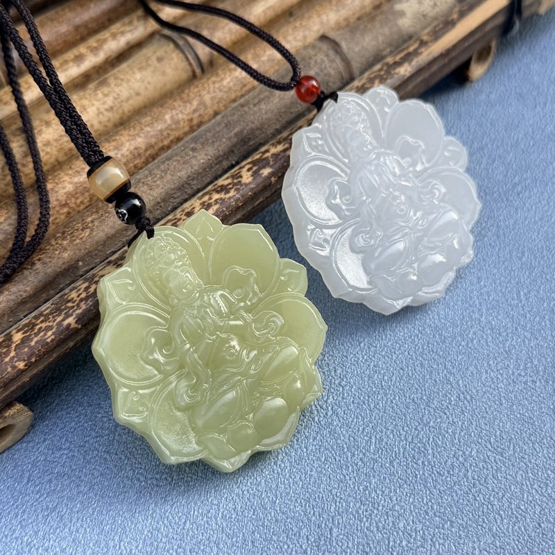莲花观音玉石吊坠 阿富汗玉项链 菩萨挂件 荷花圆玉佩 毛衣链