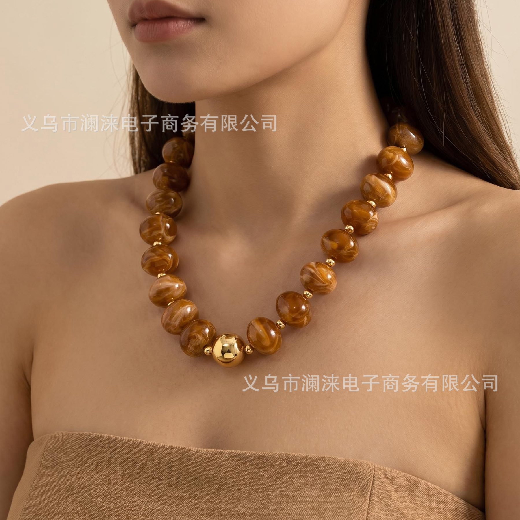 女士复古轻奢项链 琥珀猫眼珠绿松石色 美拉德穿搭首饰