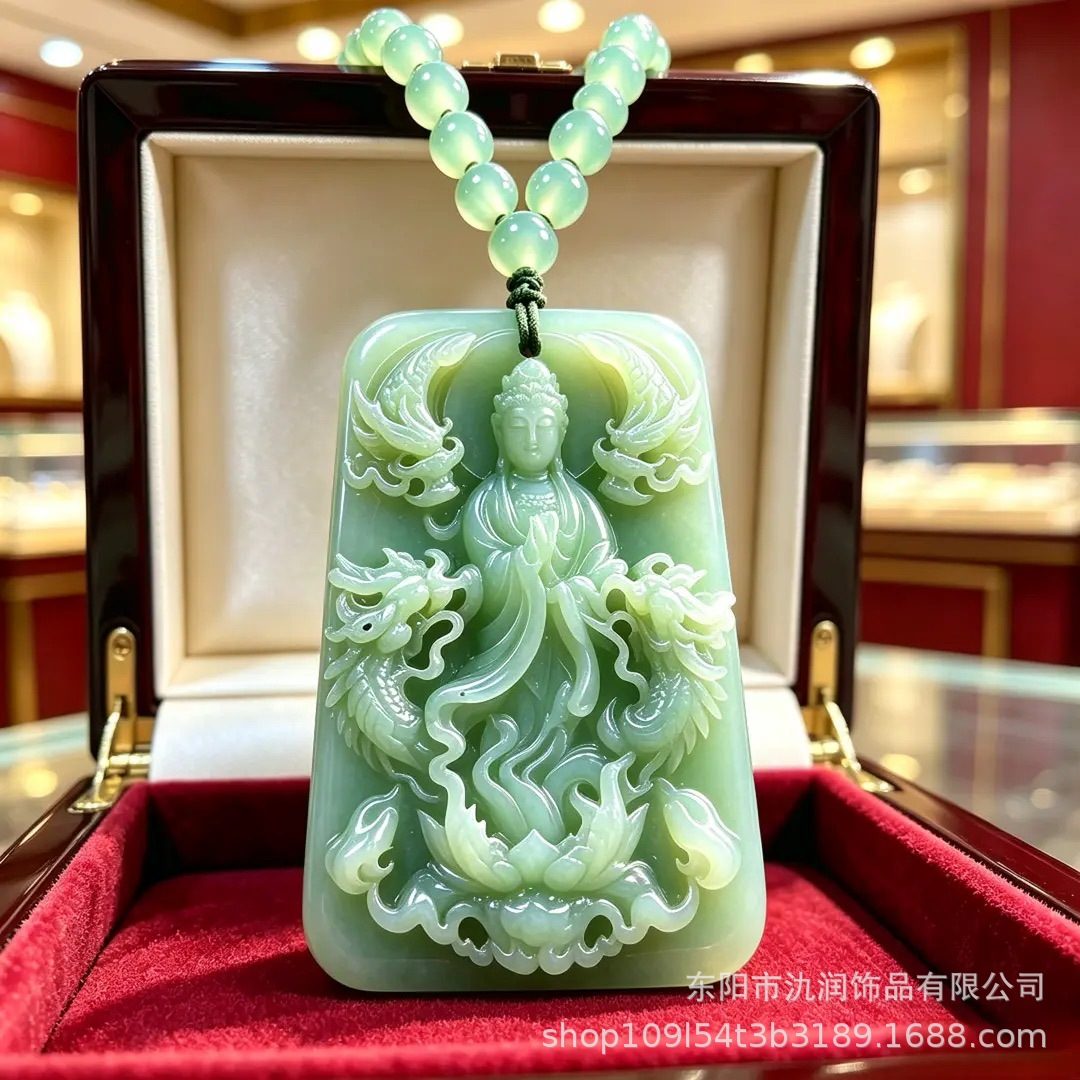 仿和田玉项链 浅绿吊坠 民族风琉璃长款毛衣链