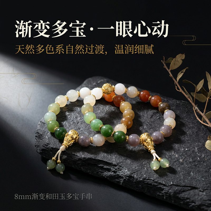 天然和田玉多宝手串 渐变色系圆珠手链 手工串制新中式女款饰品