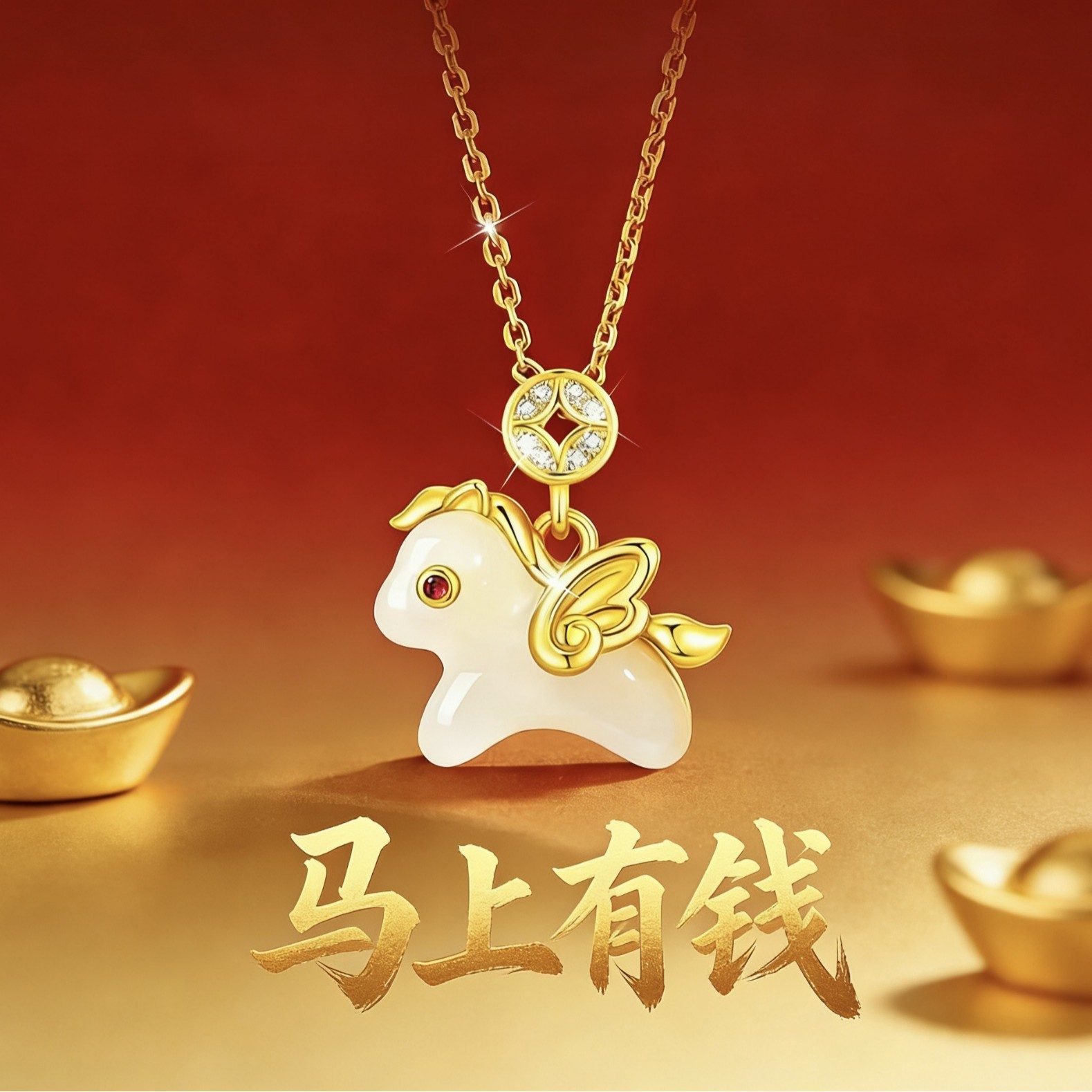 仿和田玉小马吊坠项链 新中式轻奢马上有钱锁骨链