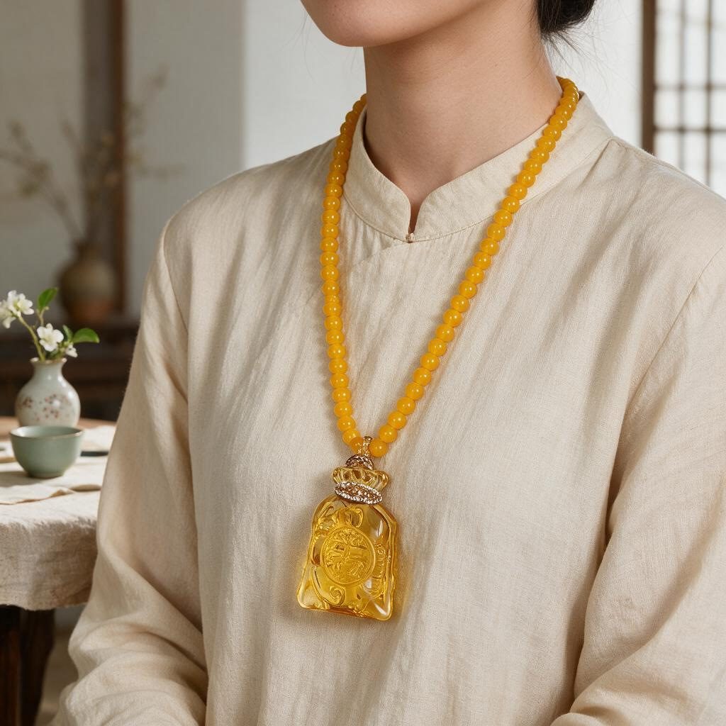 琥珀色蜜蜡锦鲤莲花吊坠男女款项链