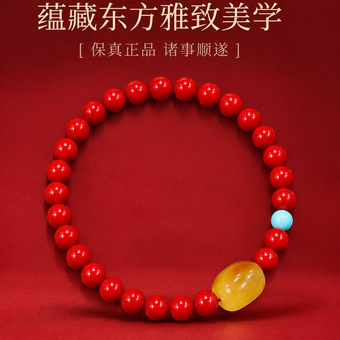 正品高含量朱砂帝王砂水飞砂天然蜜蜡设计款手串