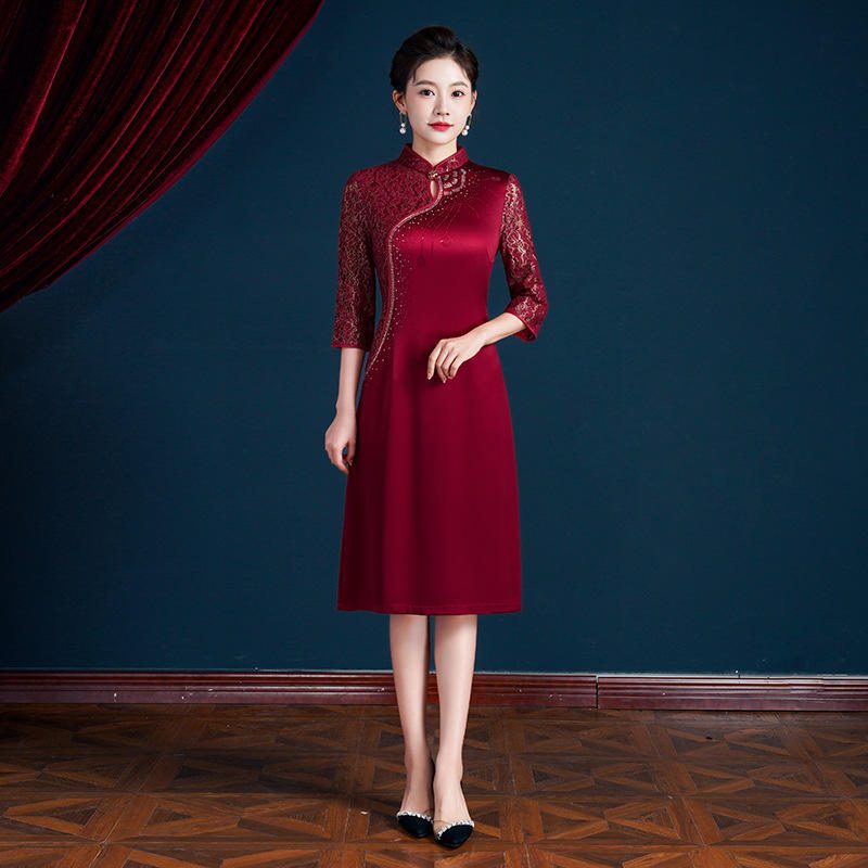 春夏刺绣立领长款大码喜婆婆宴会婚礼连衣裙