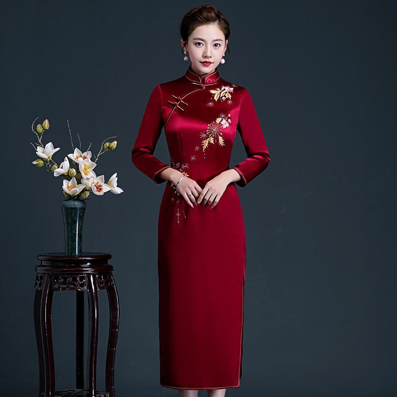 刺绣婚宴妈妈装改良醋酸长款旗袍连衣裙