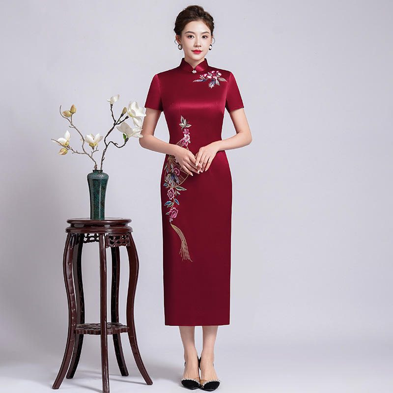喜婆婆婚宴旗袍 女士新中式醋酸缎刺绣长款旗袍