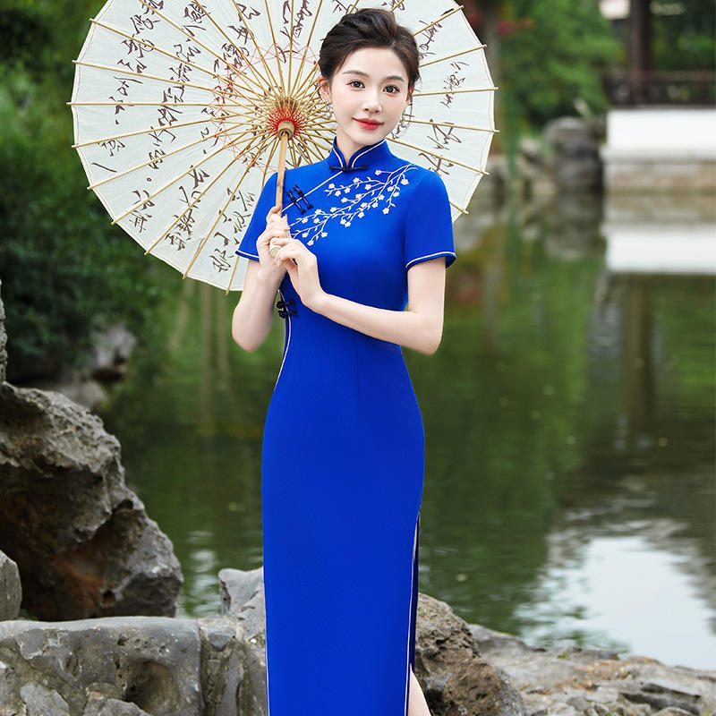 改良刺绣长款旗袍礼服演出连衣裙