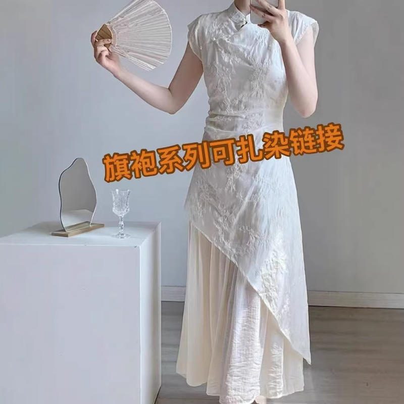 新中式刺绣盘扣收腰短袖不规则连衣裙
