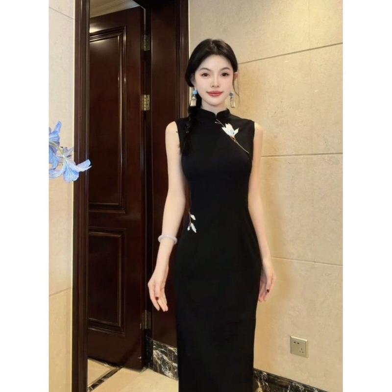 复古黑色刺绣青荷旗袍女装 2026新款新中式连衣裙