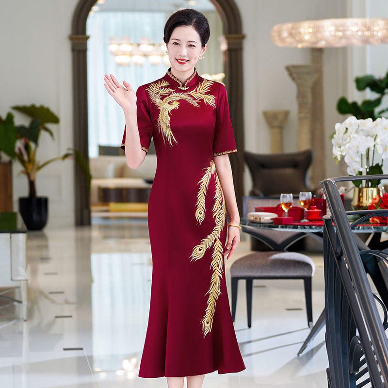 醋酸刺绣鱼尾旗袍裙, 喜婆婆婚宴敬酒礼服