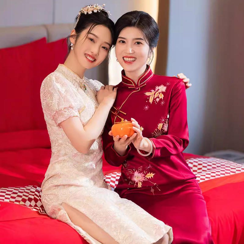 妈妈婚礼旗袍春秋新中式刺绣礼服裙