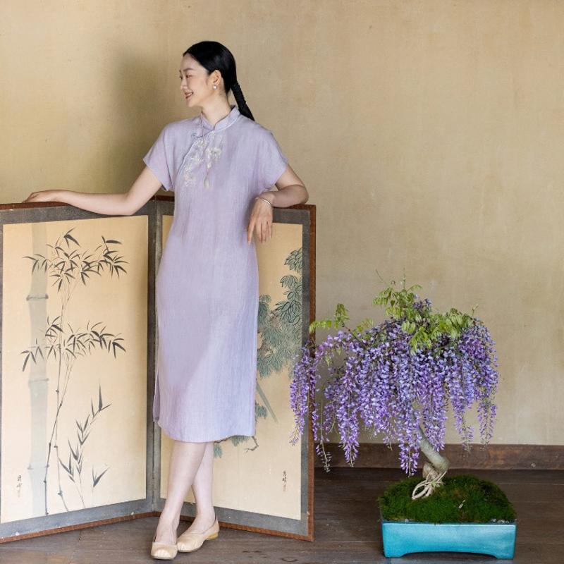 牧衣游汉麻手工刺绣新中式旗袍长裙