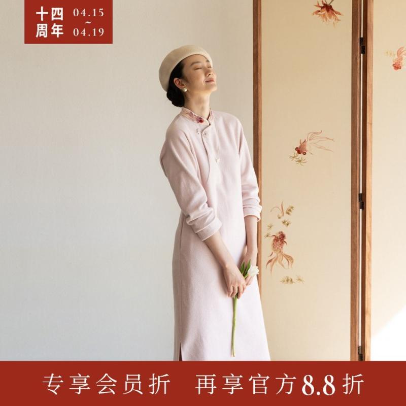 牧衣游原创金鱼手工刺绣棉质连衣裙舒适宽松中式改良旗袍长款
