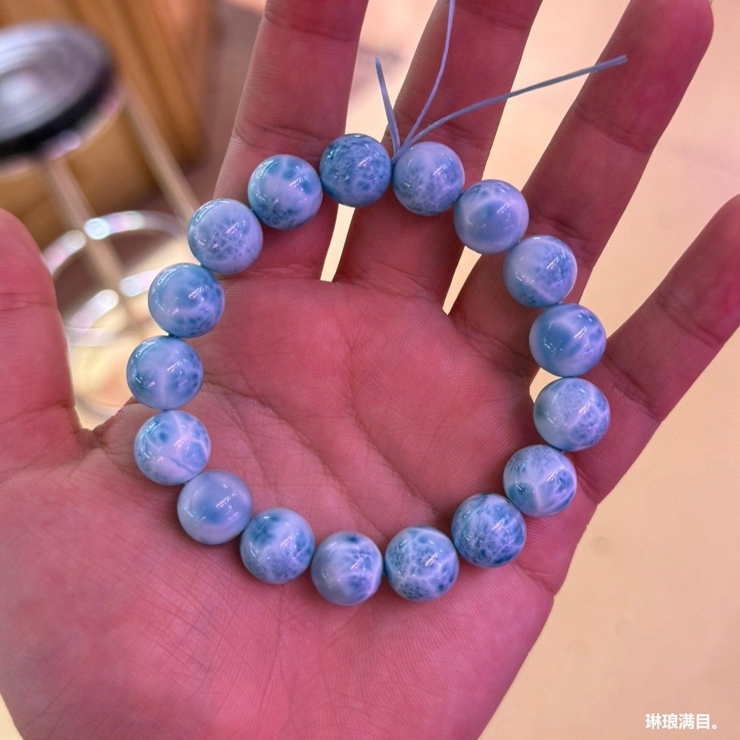 多米尼加天然海纹石手链 龟背纹蓝白相间单圈手串