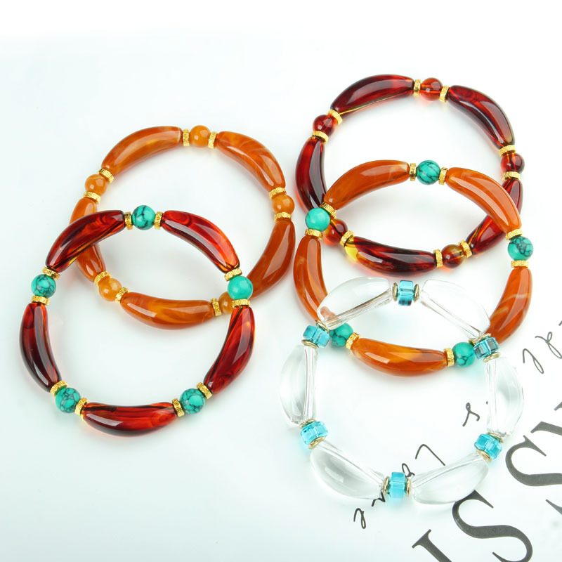 二代琥珀蜜蜡弯管手链 树脂仿白水晶血丝珀手串 欧美风复古串珠手饰