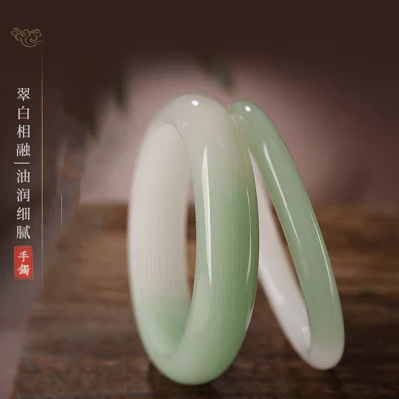 外蒙料仿新疆和田玉白玉翠青手镯 飘翠带翠扁条圆条玉石手镯