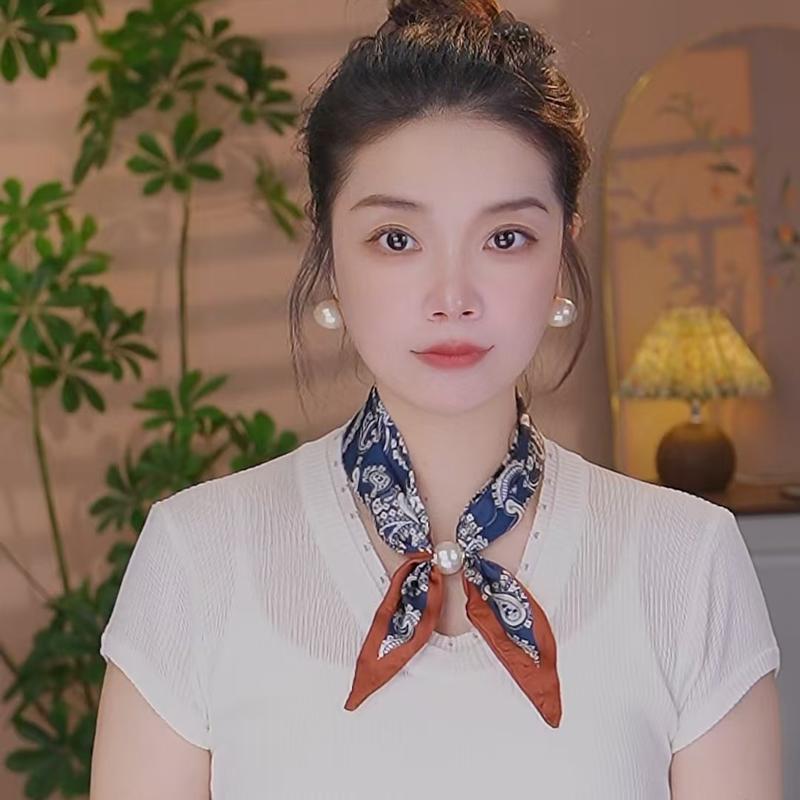 冰丝缎珠珠女士蝴蝶结小丝巾，护颈百搭围巾